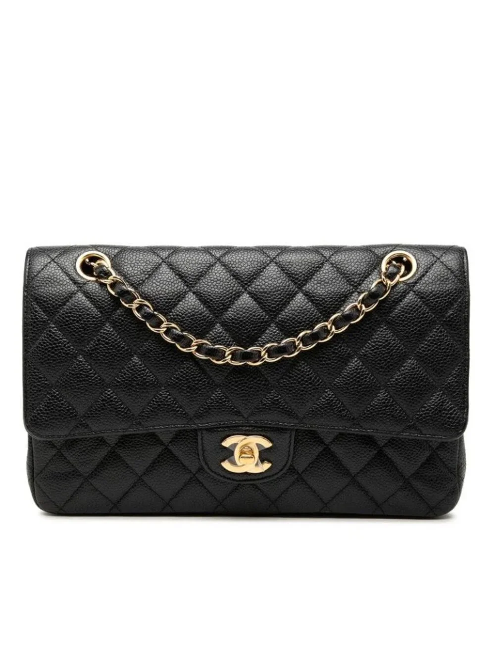 Chanel CC Logo Quilted 25 Double Flap Chain Shoulder Bag Black Caviar Leather